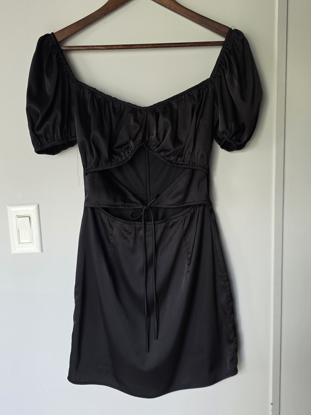Blue Blush Black Puff-Sleeve Mini Dress with Cutout & Tie